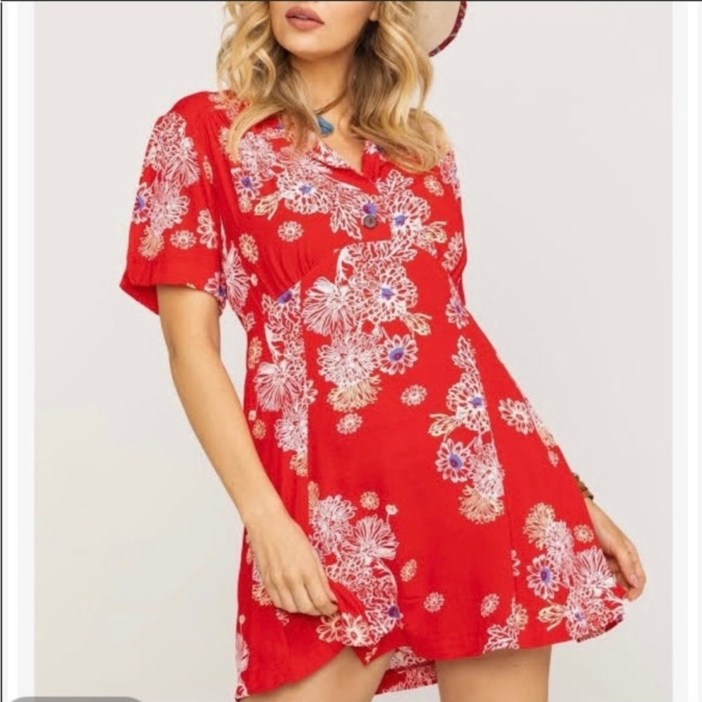 𝅺FREE PEOPLE “Blue Hawaiian” red floral dress sz large
